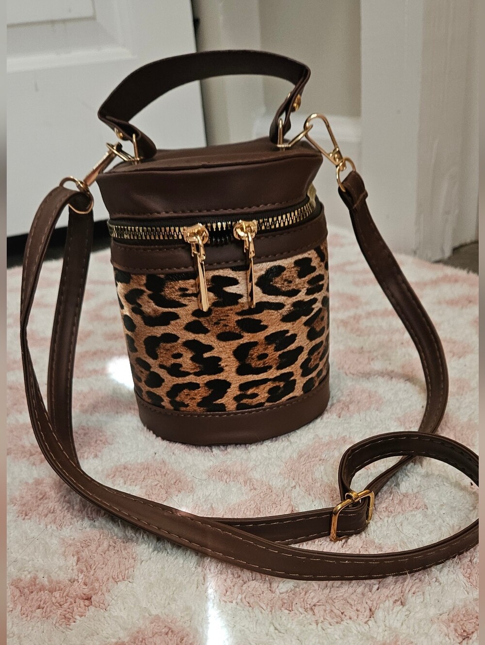 Brown Leopard Print Crossbody Bag with Gold Hardware
